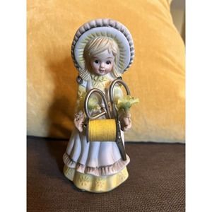 Vintage Hand Painted yellow Bisque Seamstress Caddy Pin Cushion hat Figurine